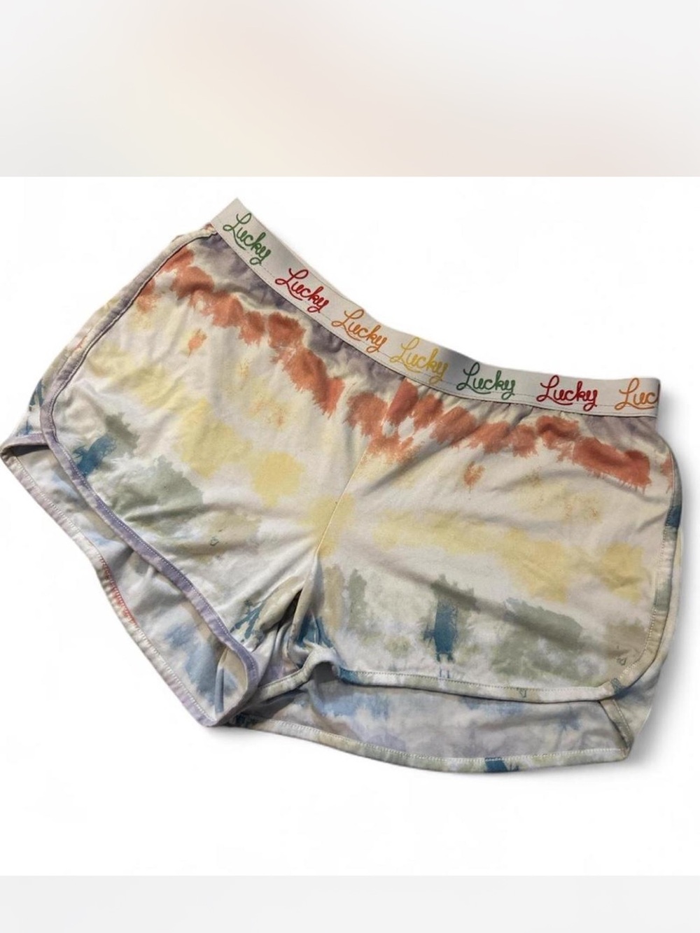 Lucky Brand Pastel Tie-Dye Athletic Shorts — Yellow, Peach, Blue, Green